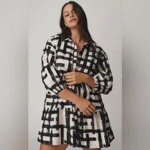 Anthropologie Maeve Sz 2X Bettina Abstract Black White Poplin Shirt Dress